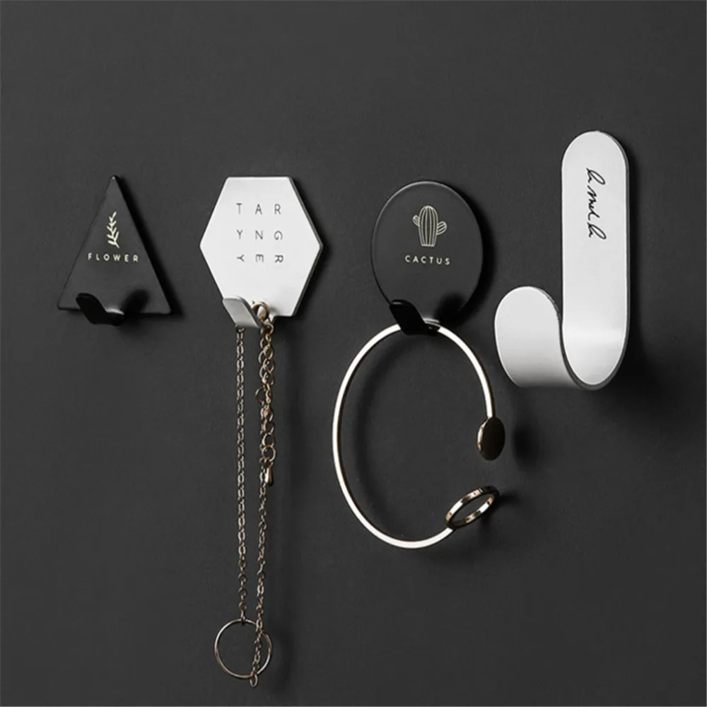 

4pc/1Set Nordic style Viscose Seamless Hook Geometric Shape Printing Wrought Iron Door Bathroom Hook For Sundries Creative Home