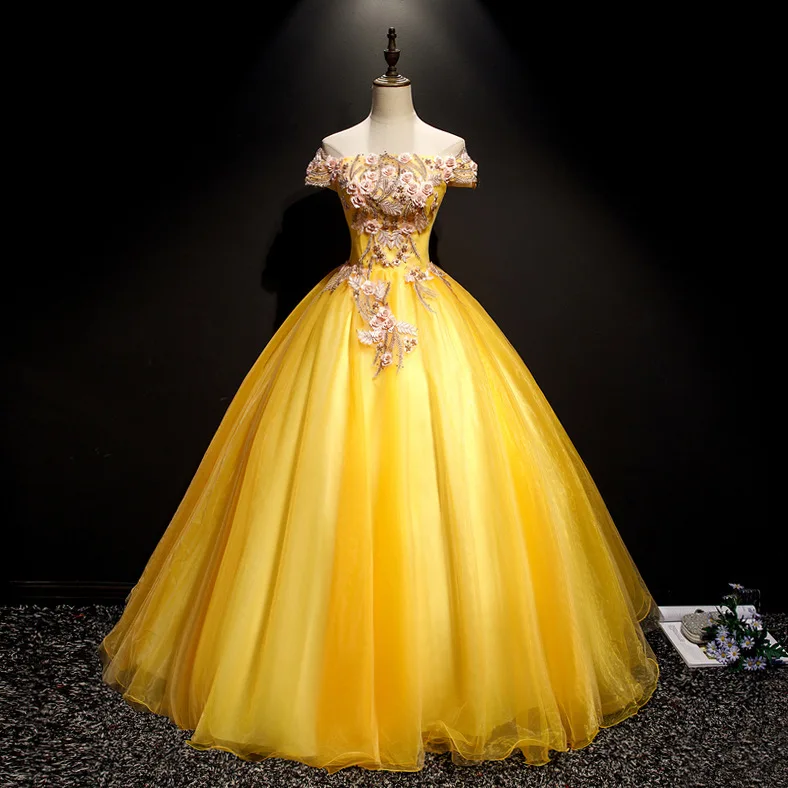 ^Cheap Golden Lace-up Tule Baljurk Kralen Applicaties Quinceanera Jurken Floor Lengte Wedding Party Dress Quinceanera-mekko