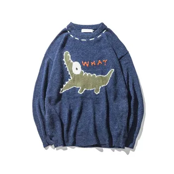 

Funny Embroidery Cartoon Crocodile Knitted Sweater for Men Cute Boys Knit Embroidered Crewneck Pullover Jumper Plus Size S-XL