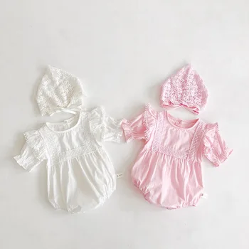 

Ruffles lace romper newborn baby girls short sleeve jumpsuit infant kids overalls children pajamas princess costumes+cap