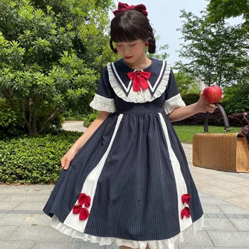 

Women Lolita Kawaii Striped Cute Bowknot Ruffle Princess Dress 2020 Summer New Girls Sweet One-Piece Dress College style Cosplay