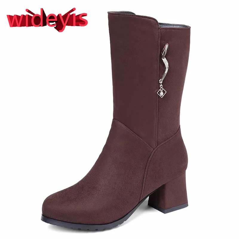

Shoes woman WIDEYIS high quality suede boots chunky heel fashion round head convenient zipper daily comfortable winter boots
