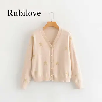 

Rubilove Women's Casual Pentagram Jacquard V-neck Knitted Cardigans Female Single Breasted Sweet All-match Sweater One Size