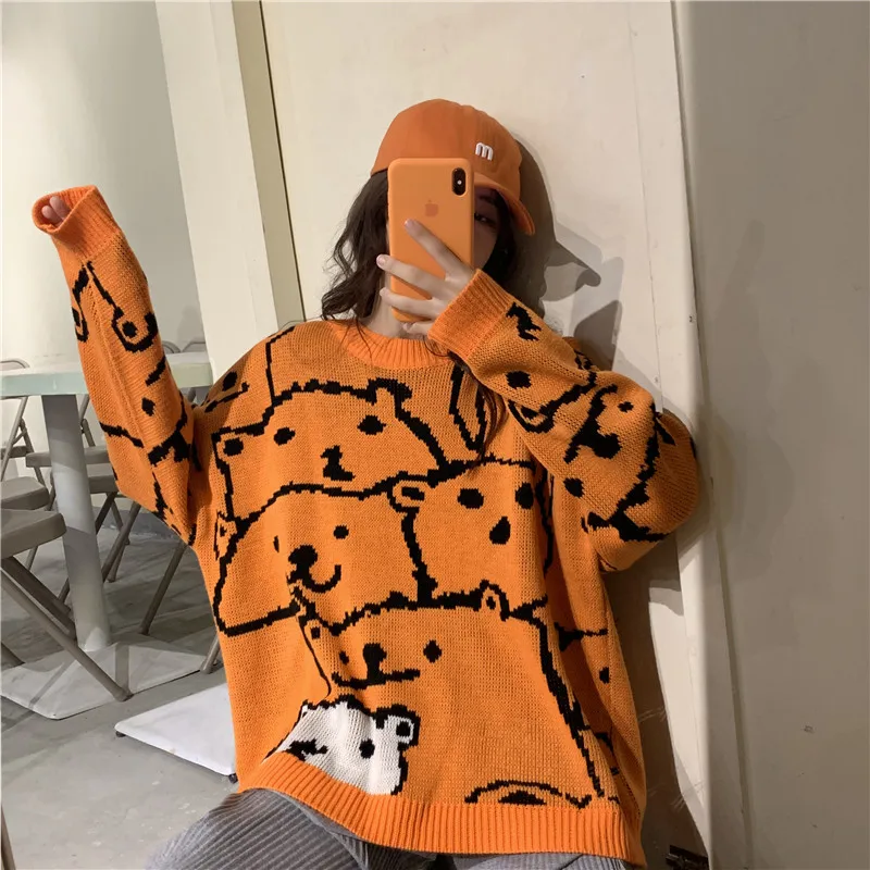 Пуловеры женские Мягкие осенние свитера с круглым вырезом шикарные топы на каждый день Женский пуловер Сладкий Harajuku вязанная Свободная верхняя одежда джемпер - Цвет: Orange