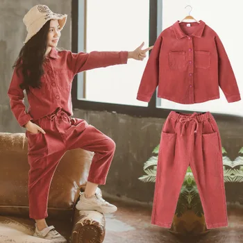 

New 5-10 year children's suit girl baby autumn clothes for big children solid color corduroy two-piece tide children's clothing
