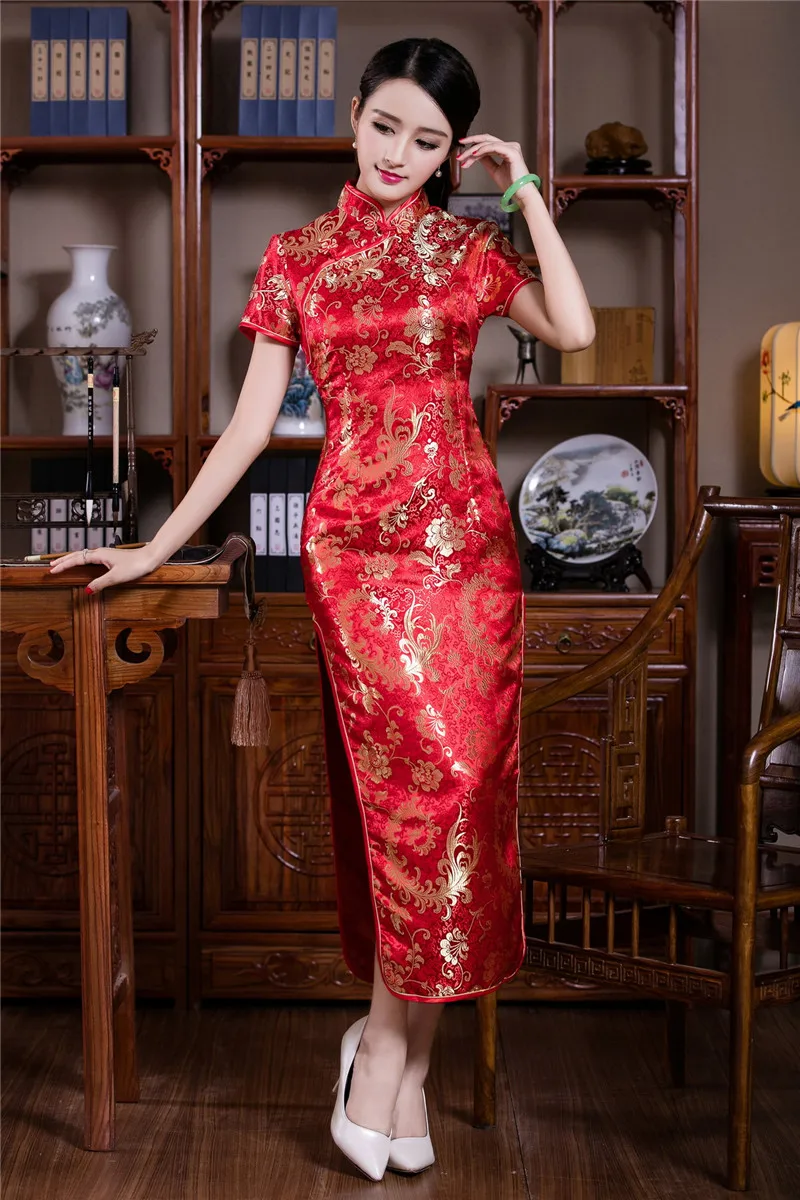 Красное сексуальное длинное атласное женское платье Qipao Новинка китайский воротник Мандарин сексуальное Золотое цветочное сценическое шоу одежда Ципао с коротким рукавом