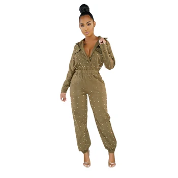 

Women Long Sleeve Beads Turn-down Collar Jumpsuit