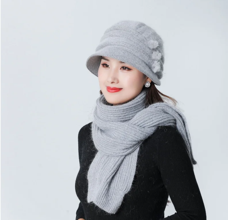 New Women Knitted Hats Winter Thicken Double Layer Casual Elegant Mixed Rabbit Hair Hat Elegant Female Hats