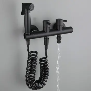 

Clean body woman washer full copper black new two into two out of the cold and hot mix water valve syringe gun head toilet kit