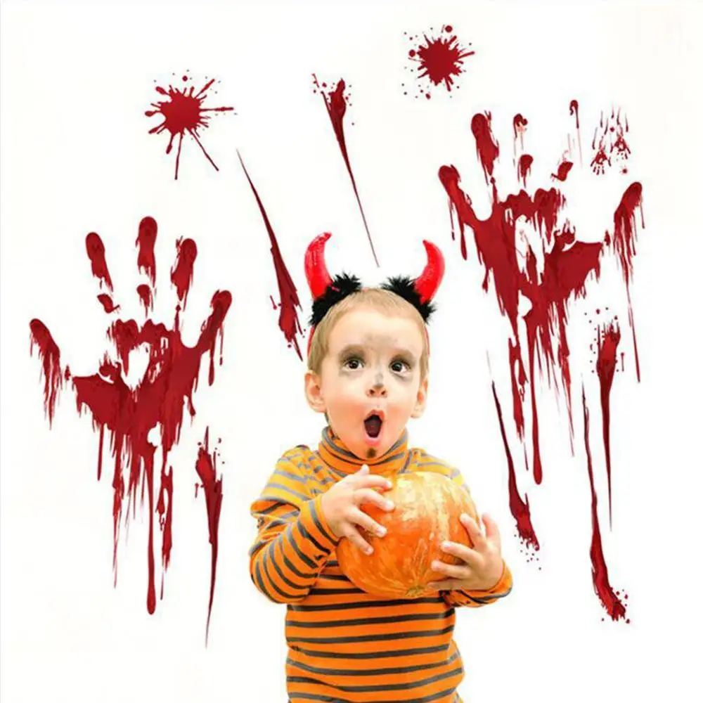 3D Horrible Halloween Decoration Bloody Wall Stickers Fingerprint Blooding Handprint Foot Wallpaper Glass Window Halloween Decor
