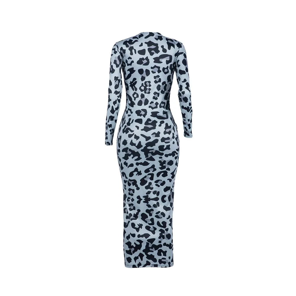 Осеннее женское платье с леопардовым принтом, длинным рукавом и круглым вырезом, бодикон, миди, макси платье для женщин, Клубные, вечерние, длинные платья, vestidos GL241
