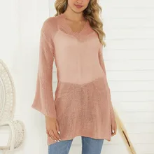 Женский свитер, Повседневный, v-образный вырез, Trui, вязанный, длинный рукав, длинный свитер, топы, свитера для женщин, invierno, блуза, полый, свободный, L826