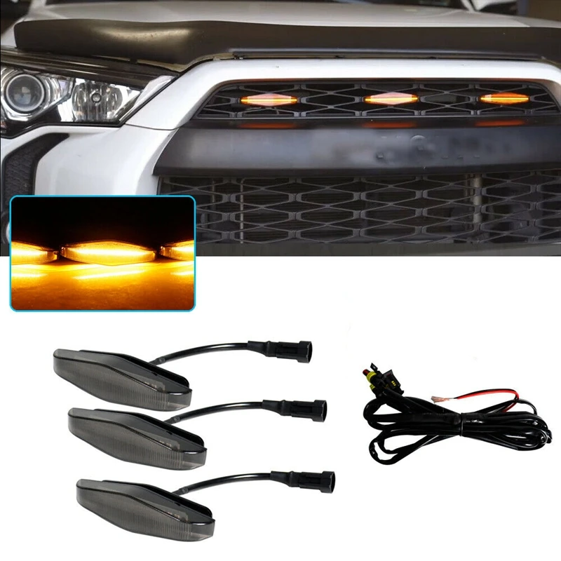 3PCS External Amber LED Front Grill Running Lights for Toyota 4Runner TRD Pro 2014 2019 Grille
