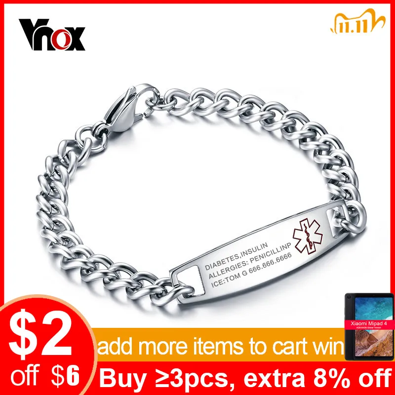 Vnox Free Custom Engrave Medical Identification Bracelet Bangle Stainless Steel Customization Jewelry afbeelding