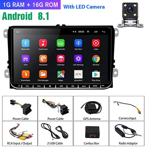 1 16G 4 LED Camera Podofo 2 Din Android 9,0 Автомобильный gps навигатор мультимедийный плеер 9 дюймов Радио стерео для Volkswagen Golf Polo Passat Jetta Tiguan - Цвет: 1 16G 4 LED Camera