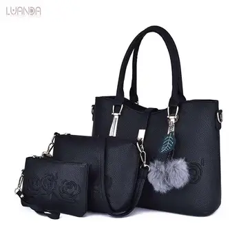 

Women Handbags With Hairball Fashion Pu Leather 3 Sets Totes Designer Brand Embroidery Casual Composite Bag Women's Shoulder Bag