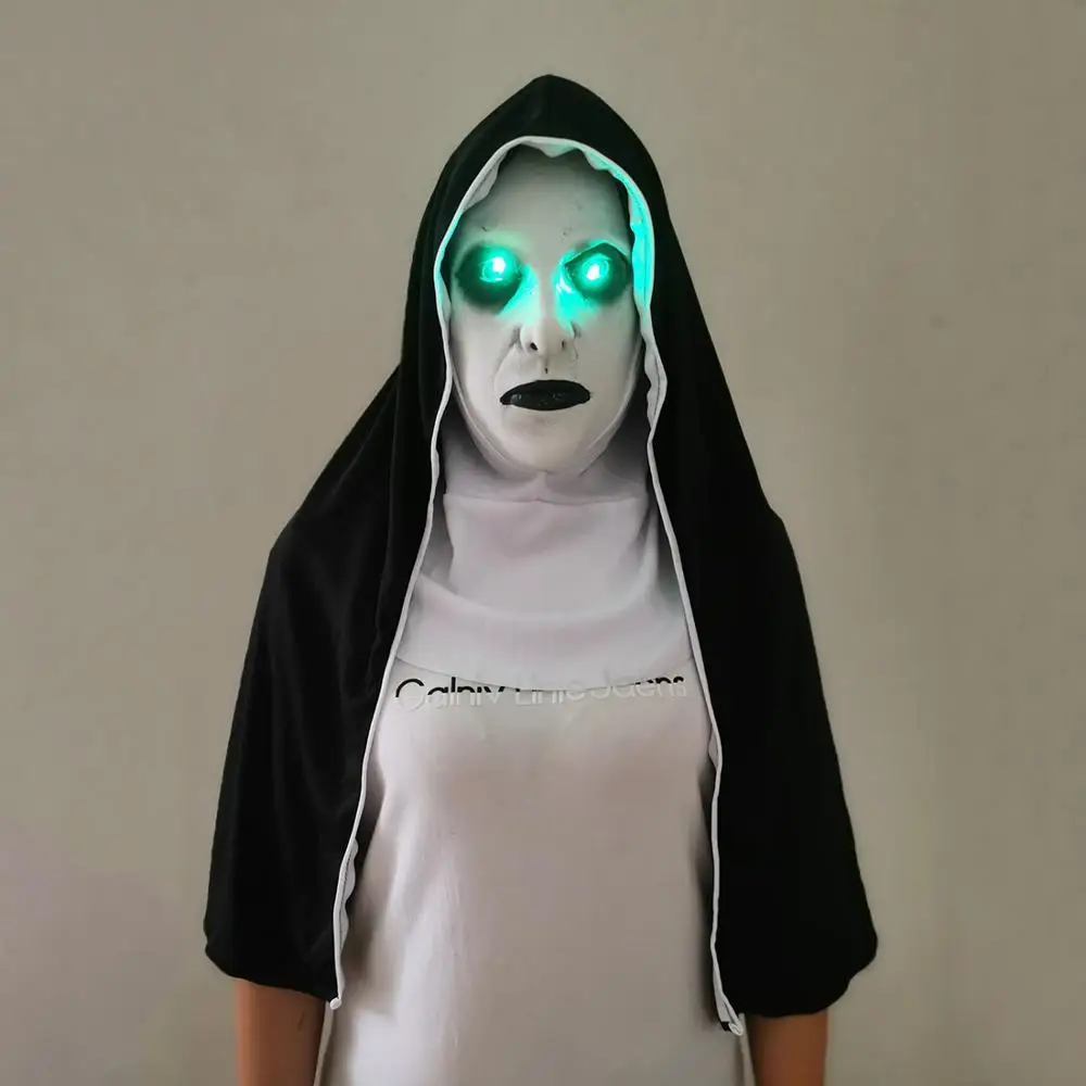 

The Nun Mask Horror Mask With Scary Voice With Led light Cosplay Valak Latex Masks With Headscarf Helmet Halloween Party Props