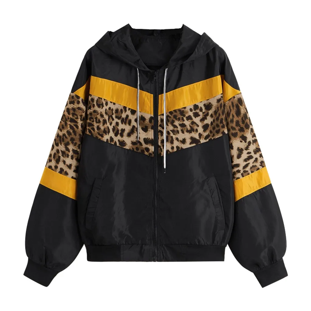 

New Hooded Coat Womens Long Sleeve Leopard Thin Skin Suits Hooded Zip Stitching Outwear Coat Autumn And Winter ropa mujer