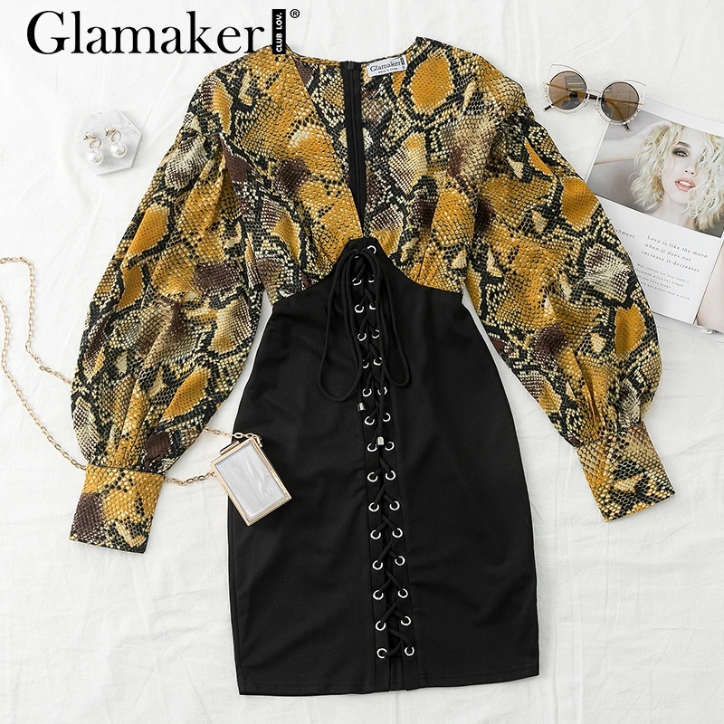 Черный Glamake, винтажное Клубное сексуальное платье со змеиным принтом, глубокий v-образный вырез, на шнуровке, облегающее летнее платье, женское вечернее платье, шикарное, vestidos de fiesta - Цвет: Черный
