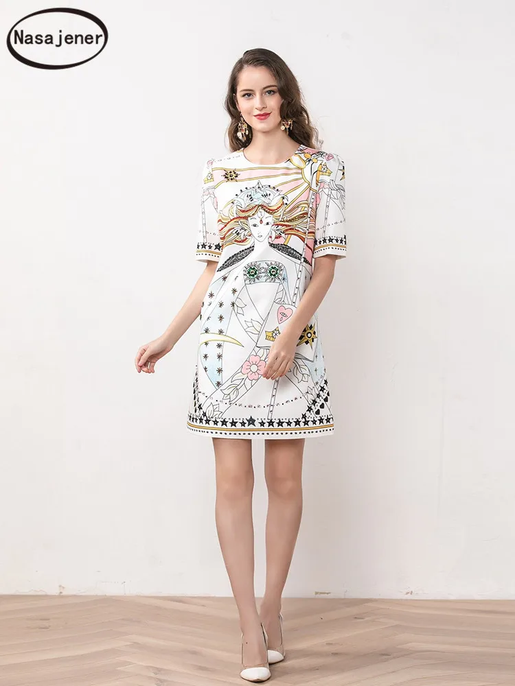 

2020 Spring And Summer New Women's Fashion Runway Round Neck Short Sleeve Diamond Beaded Sequin Printing Casual Loose Dress Tide