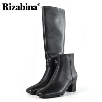 

Rizabina Real Leather Women Knee Boots Thick Heel Square Toe Zip Removable Shoes Warm Boots Fashion Party Footwear Size 34-39