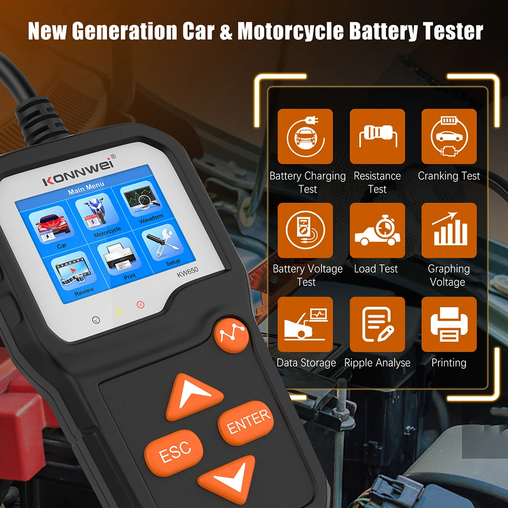 KONNWEI KW650 тест er для автомобильного аккумулятора анализатор 6 в/12 в 100 до 2000 CCA на