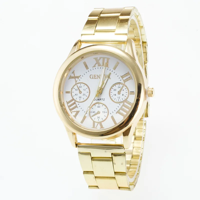 

0129 Gold Circle Watchcase Fake Three-Eyed Roman Numerals Measuring Surface Fashion Steel Watch Men's