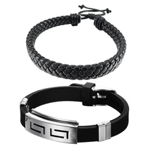 1 шт. кожаный браслет, манжета, веревка, черный серфер, обертывание, регулируемый для мужчин, женщин и 1 шт., мужской резиновый браслет из нержавеющей стали, Brac