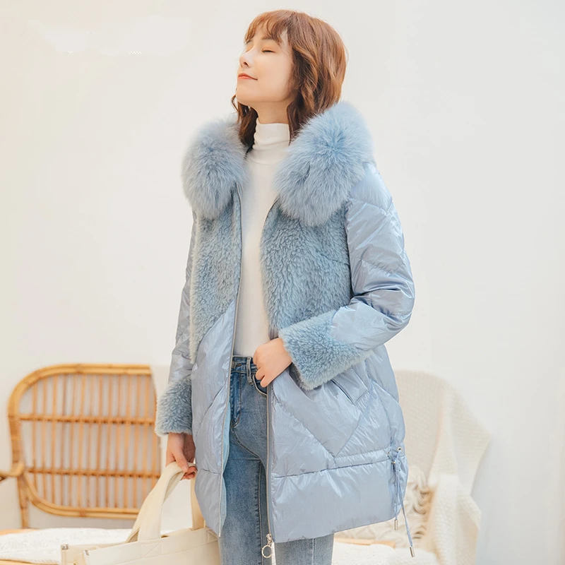 Пальто из натурального меха женская зимняя куртка на утином пуху Женская одежда с капюшоном из натурального Лисьего меха корейские винтажные теплые шерстяные пальто Hiver Y833