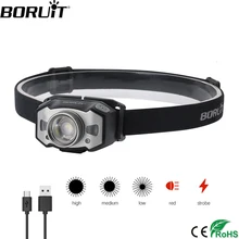 Boruit farol led com sensor de movimento ir b33, mini farol XP-G2 + 2*3030, luz vermelha, zoom de 5 modos tocha de cabeça recarregável, luz de caça