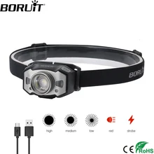 BORUiT B33 LED Motion IR Sensor Mini Headlamp XP-G2+2*3030 Red Light 5-Mode Zoom Headlight Rechargeable Head Torch Hunting Light