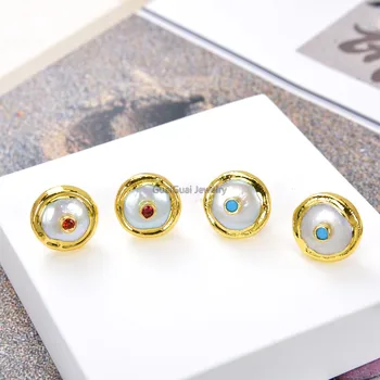 

GuaiGuai Jewelry Red Blue Crystal 16mm Freshwater White Coin Pearl 24 K Golden Plated Cz Earrings