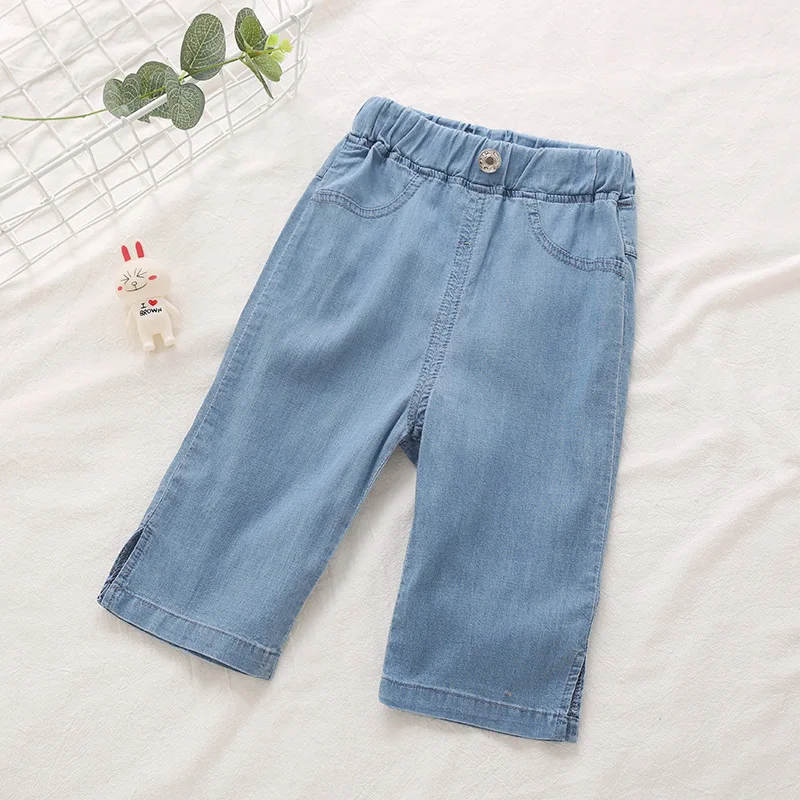 

2019 Summer Childrenswear Girls Elasticity Tencel Jeans Slit Capri Pants Crawler 40314