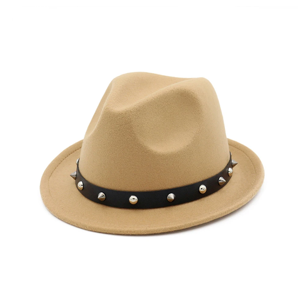 Модная женская и Мужская шерстяная шляпа Fedora с панковской лентой с заклепками элегантная женская шляпа размер 56-58 см