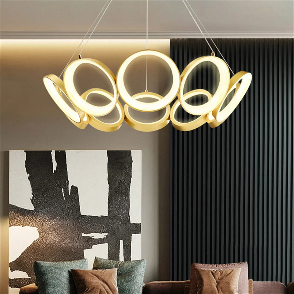 

Golden creative indoor LED round chandelier modern minimalist villa hotel bedroom restaurant light remote control dimming