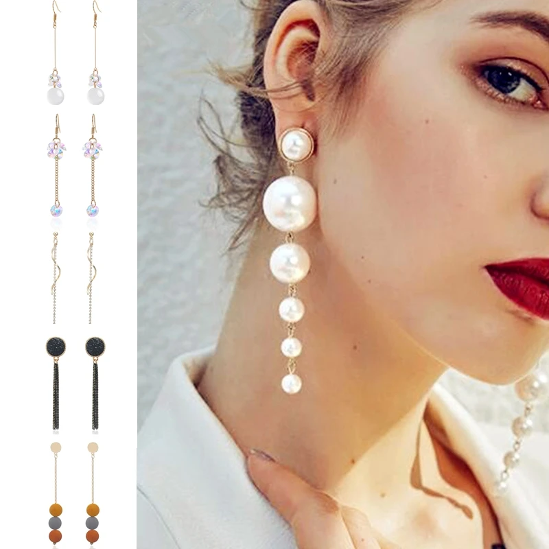 

Korean Women Simulated Pearl Earring 2019 Silver Colour Long Chain Drop Earrings Tassel Earrings Pendant Party Jewelry Wholesale