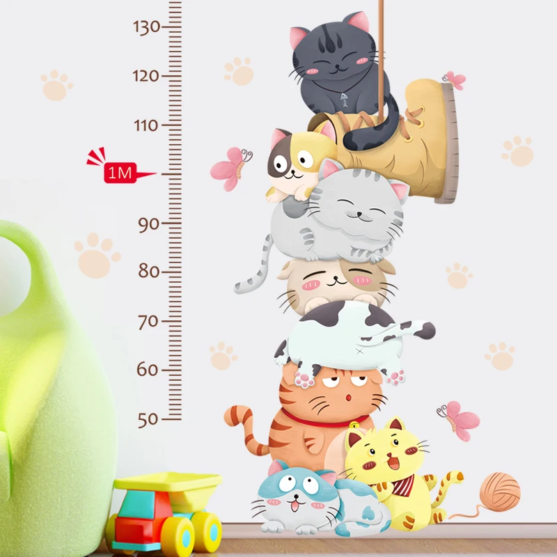 Large Cartoon Cat Animals Height Measure Wall Stickers for Kids Room Kindergarten Height Chart Ruler Decals Nursery Home Decor