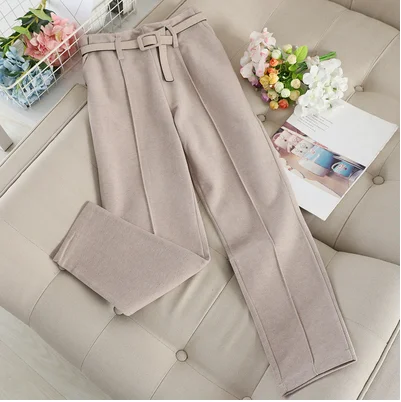 khaki trousers MUMUZI, зимние шерстяные штаны, женские, новые, с высокой талией, с поясом, шаровары, элегантные брюки, женские, Осенние, теплые, женские, длинные штаны - Color: khaki trousers