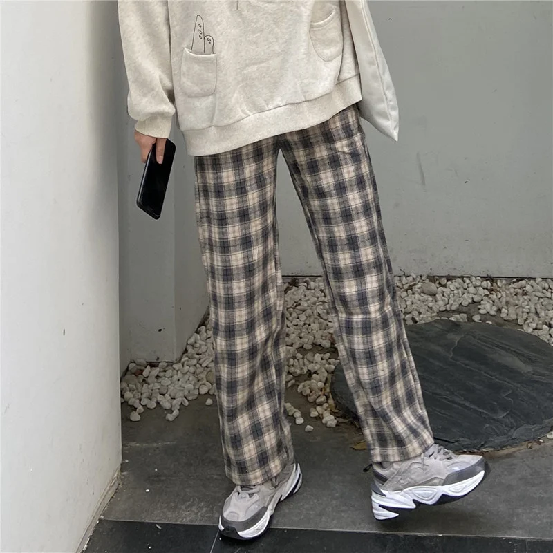 

Winter Harajuku Woolen Women Plaid Pants Vintage High Waist Casual Trousers Streetwear Hip Hop Female Korea Loose Wide Leg Pants