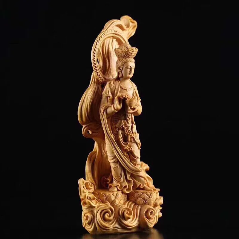 🌊 Wooden Sea-Crossing Guanyin Statue – Solid Wood Hand-Carved Feng Shui Figure (16cm) 2