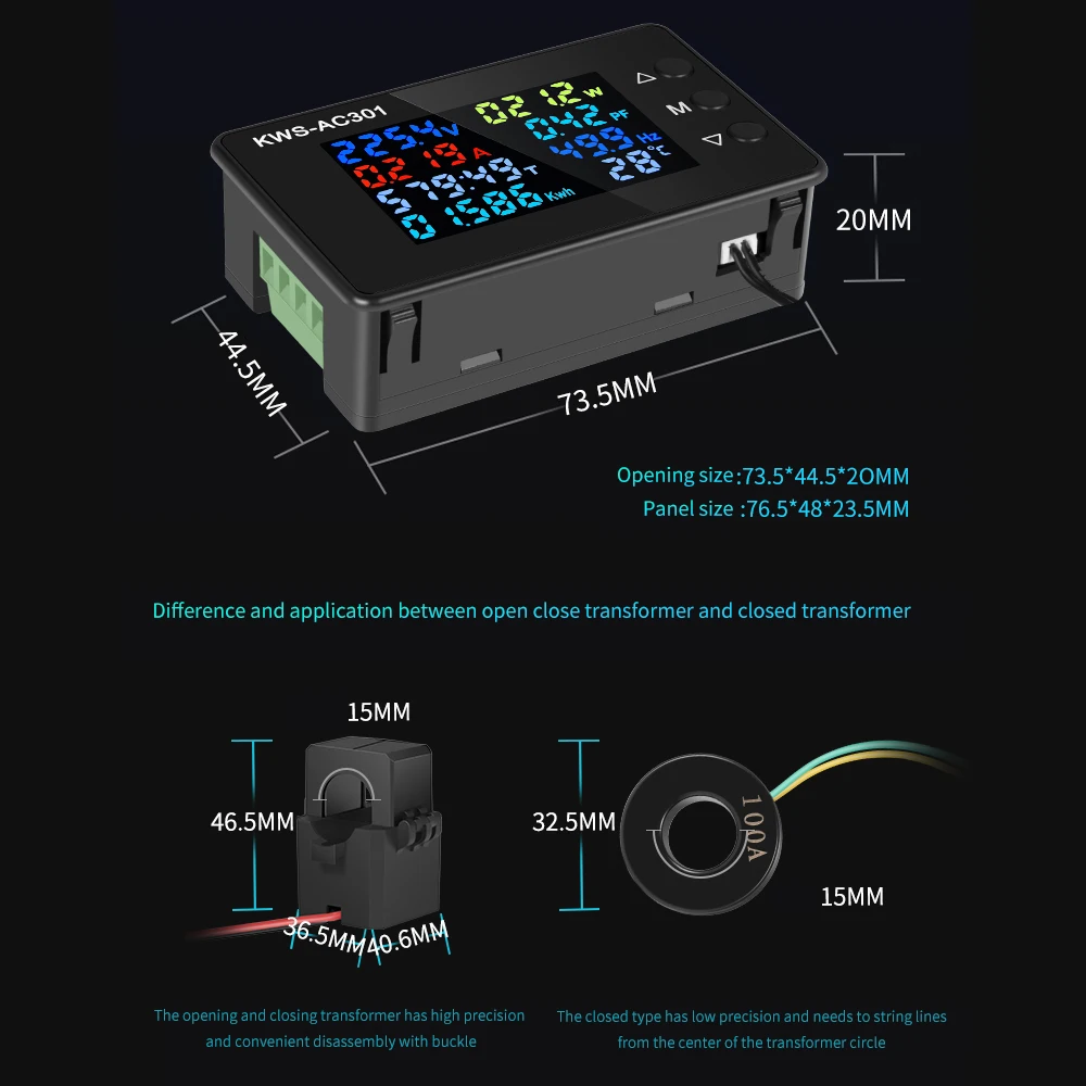 KWS AC Wattmeter 8 in 1 Voltmeter 50-300V 0-100A
