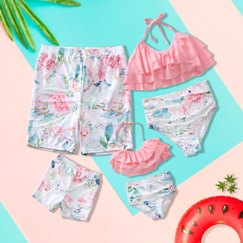 

2020 New Family Matching Swimsuit Two Pieces Mother Daughter Women Children's Swimwear Kid Son Girl Pink Swimming Bathing Suit