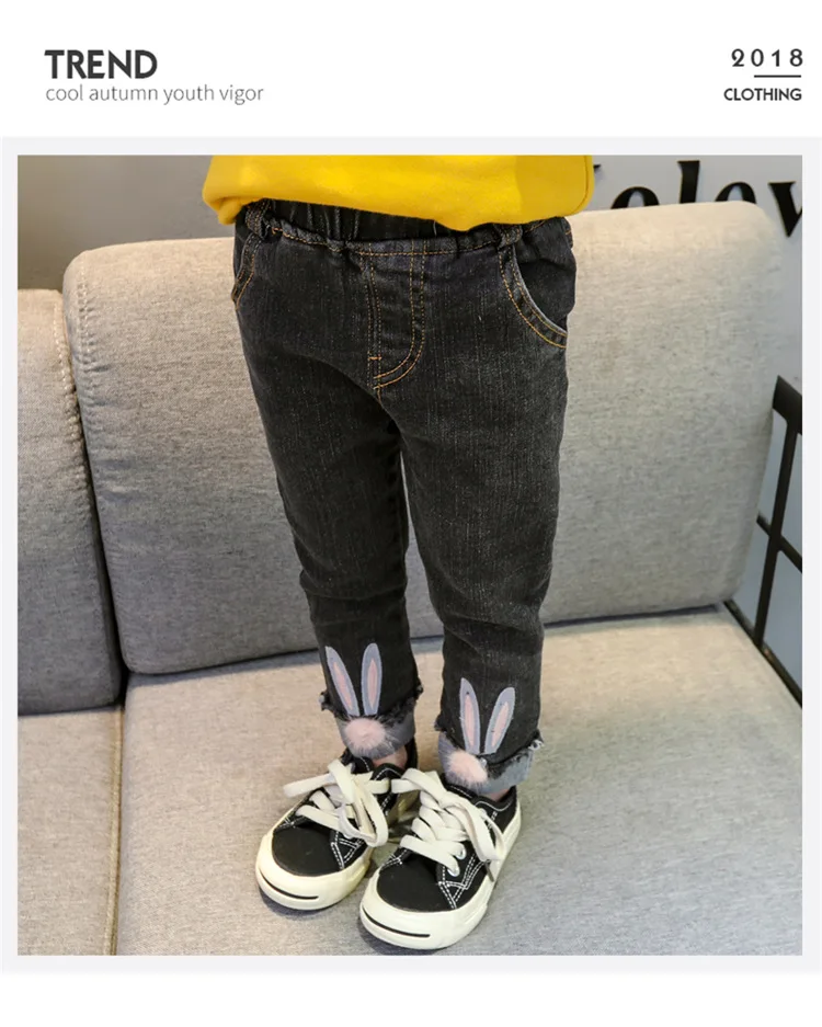 Early Spring New Style Girls Revers Cartoon Rabbit Korean-style Jeans Pure Cotton Trousers