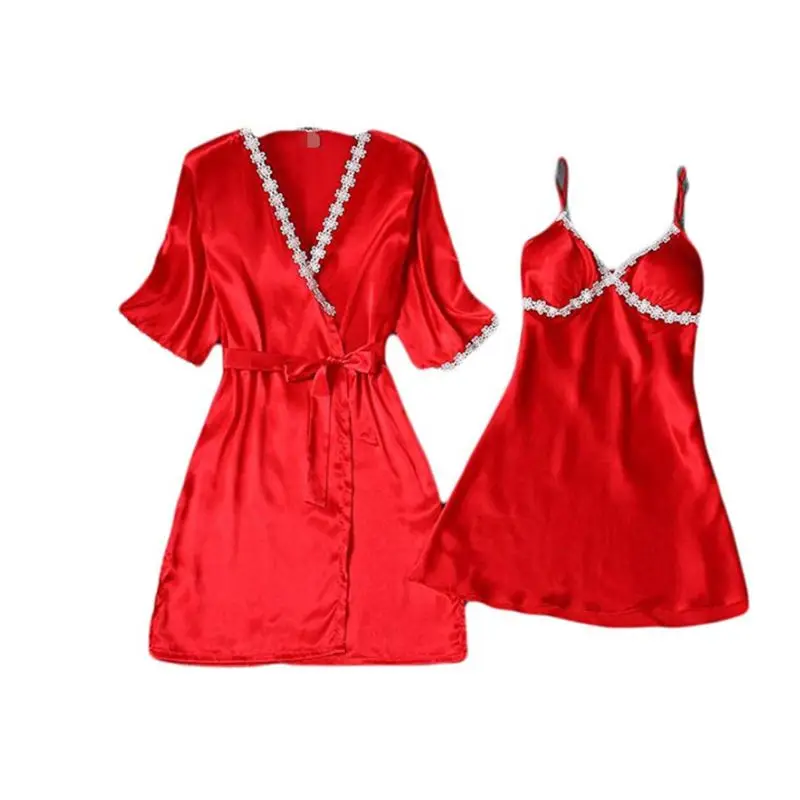 Womens Sexy Ice Silk Half Sleeve Kimono Robe Nightdress Sleepwear Set Flower Lace Pajamas Deep V-Neck Padded Camisole Nightgown - Цвет: Красный