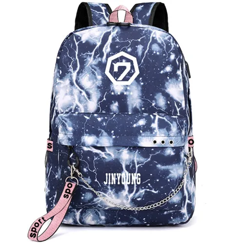 Получил 7 я получил семь Yugyeom Jinyoung Mark Рюкзак Школьные сумки галактика гром Mochila сумки ноутбук рюкзак с цепочкой USB порт - Цвет: Style 16