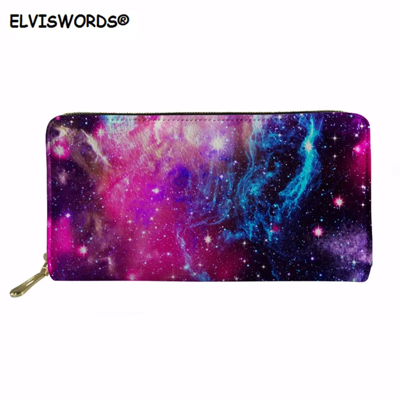 ELVISWORDS, 3D Galaxy Sapce, принт со звездой, длинные женские кошельки, на молнии, из искусственной кожи, Роскошный кошелек, женский, водонепроницаемый, сумка для денег для девушек