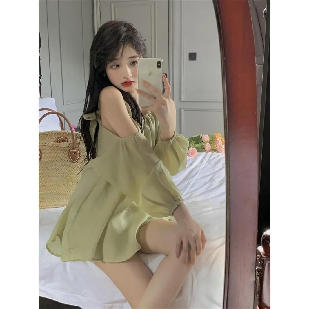 Women Sets Solid Lantern Sleeve Tees Draped Folds Stylish Loose Casual Elegant Off-shoulder Hollow Out Designed Wide Leg Shorts lounge sets