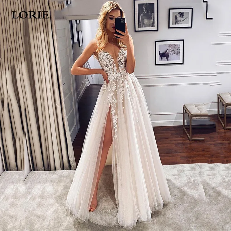 

LORIE A Line Princess Wedding Dresses Sexy Spaghetti Strap 3D Lace Tulle Bridal Gowns vestidos de novia Side Split Wedding Gowns