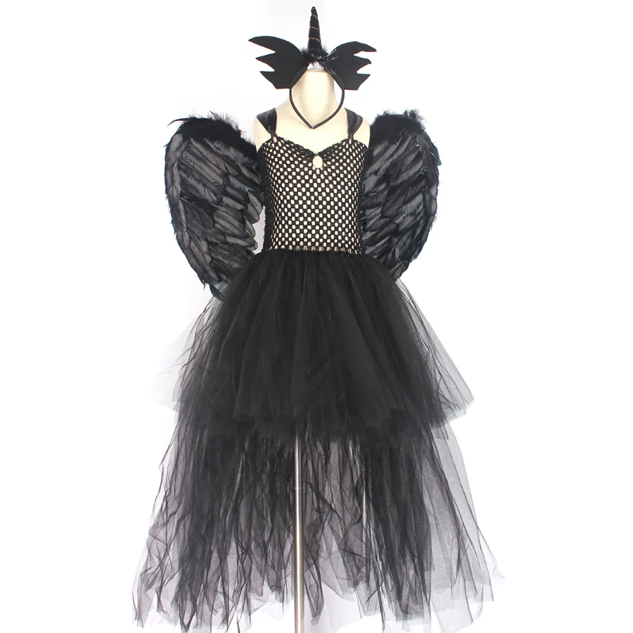 Black Fallen Angel Halloween Fancy Girls Tutu Dress V-neck Train Kids Cosplay Birthday Party Ball Gown Dress with Wings Costume (7)