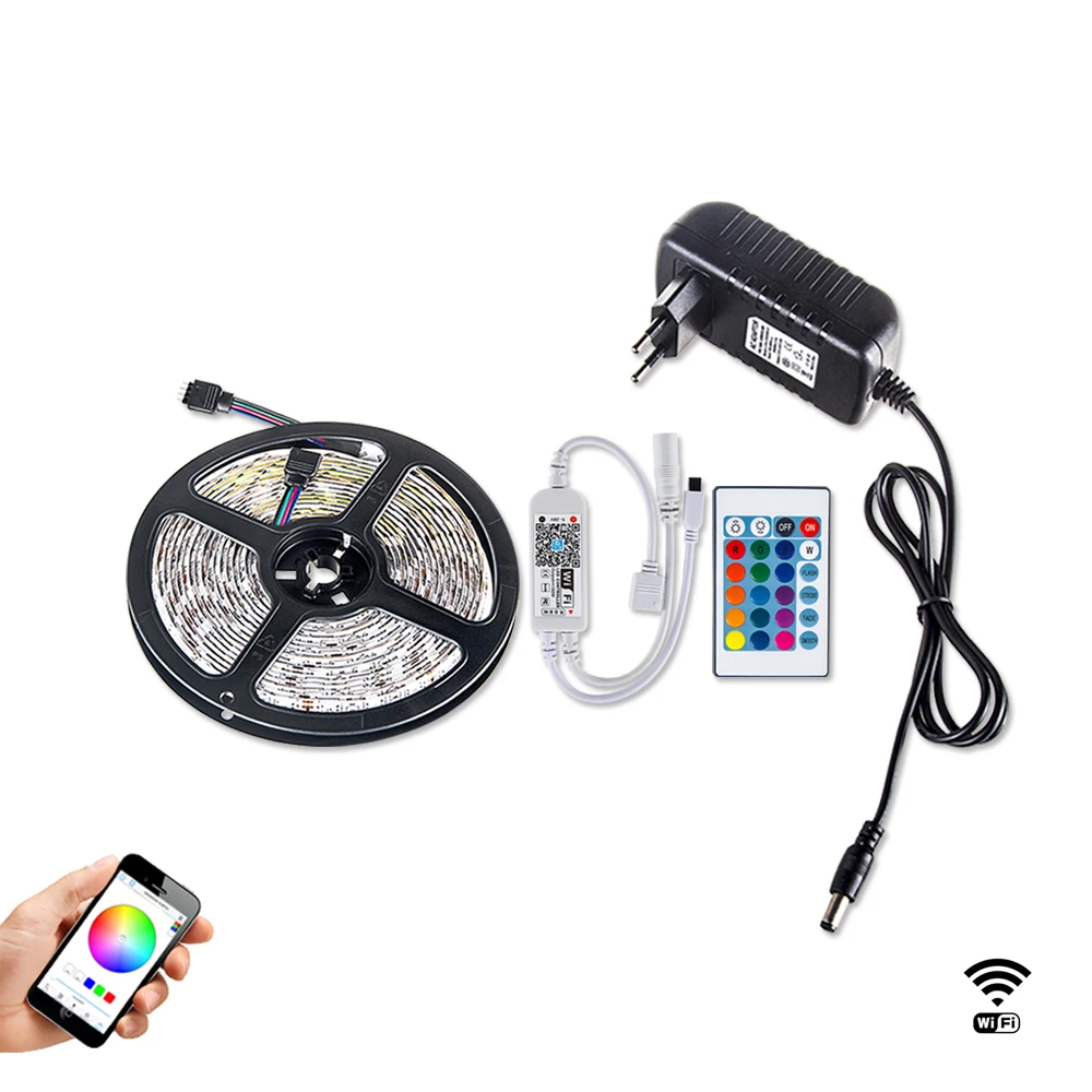 WIFI 24 key EU Plug Wifi светодиодный ленточный светильник SMD 5050 RGB RGBW RGBWW 5 м беспроводной Wi-Fi контроль светодиодный ленточный Рождественский Декор 12 В Комплект адаптера питания - Испускаемый цвет: WIFI 24 key EU Plug